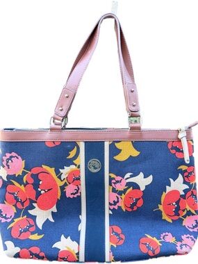 Spartina 449 Blue Floral Canvas Bag with Pink & Orange Flowers Brown Leather
